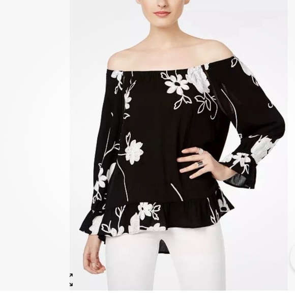 INC International Concepts Black and White Off-Shoulder Bell Sleeve Blouse - Picture 5 of 5